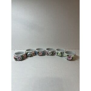 Set Of 6 Vintage Porcelain Napkin Rings Holders Floral Motiff